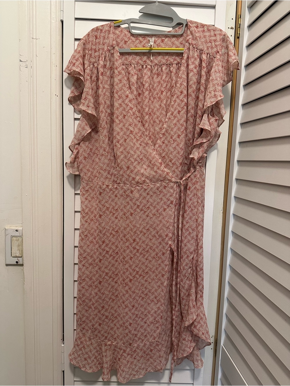 Pink Printed Wrap Midi Dress with Ruffle Sleeves